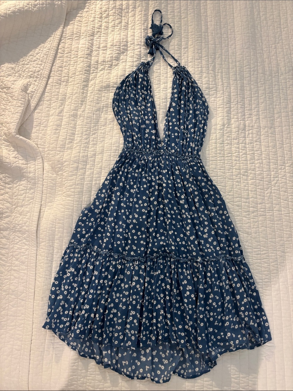 Navy Blue Floral Halter Summer Dress
